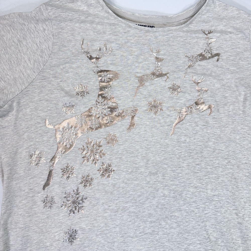 Lands End Womens 1X Holiday Shirt Gold Reindeer Snowflake Christmas Plus EUC